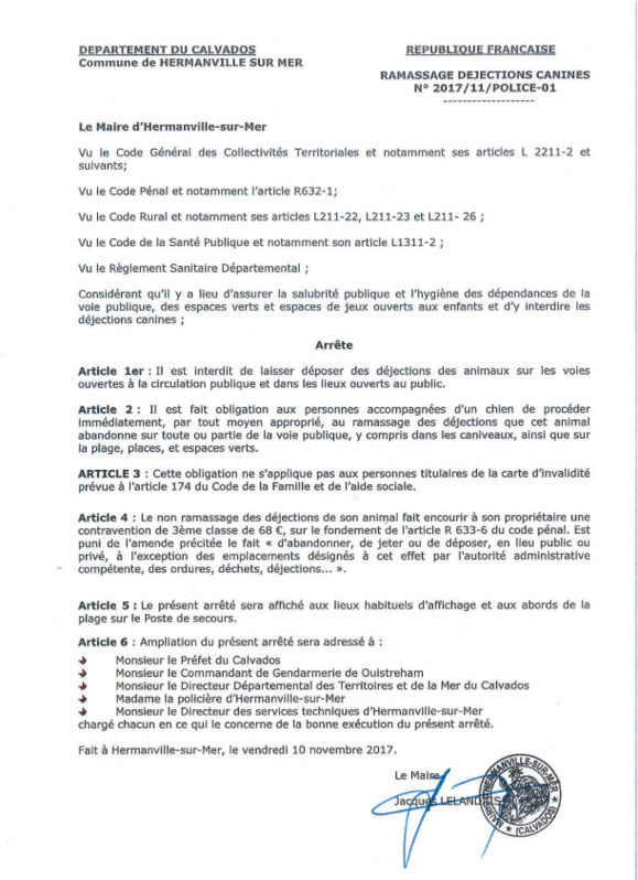 Arrêté municipal n°2017/11/POLICE-01 - Ramassage des déjections canines