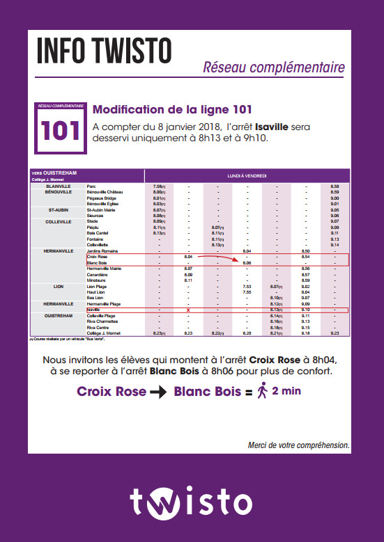 Info Twisto : modification de la ligne 101 Info Twisto : modification de la ligne 101