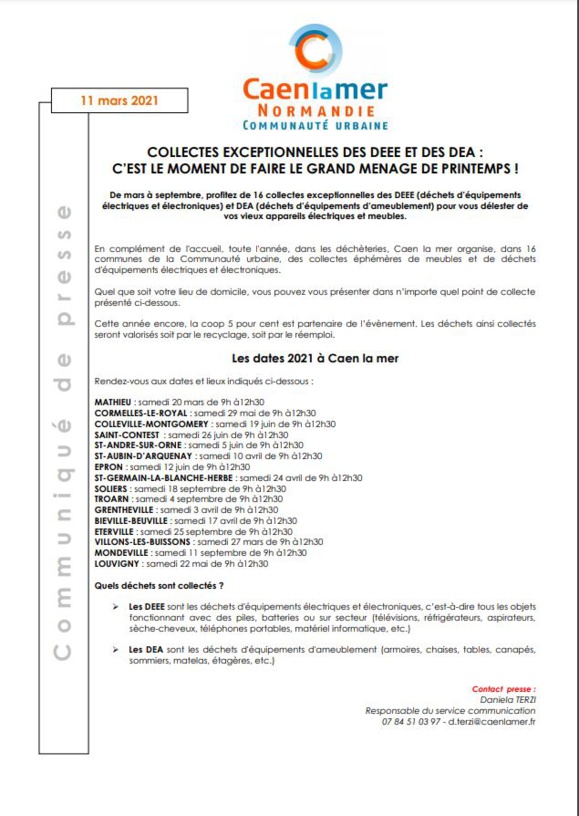 Collectes exceptionnelles des DEEE et DEA - Les dates 2021 à Caen la Mer