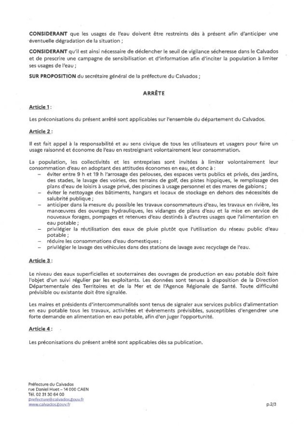Arrêté préfectoral déclenchant le seuil de vigilence sécheresse et prescrivant des mesures de surveillance et de sensibilisation des usages de l'eau sur l'ensemble du département du Calvados