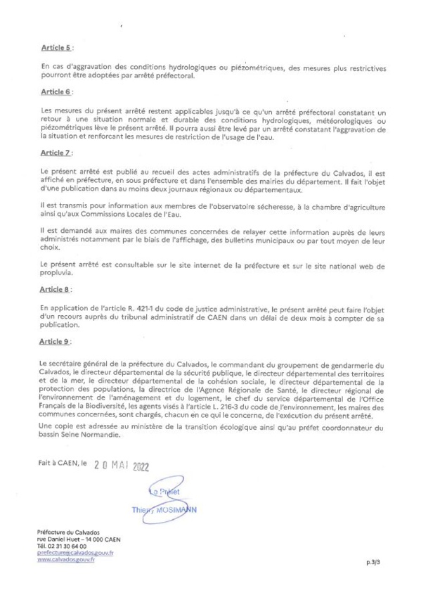Arrêté préfectoral déclenchant le seuil de vigilence sécheresse et prescrivant des mesures de surveillance et de sensibilisation des usages de l'eau sur l'ensemble du département du Calvados