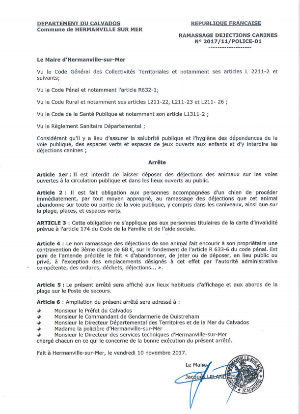 Arrêté municipal n°2017/11/POLICE-01 - Ramassage des déjections canines