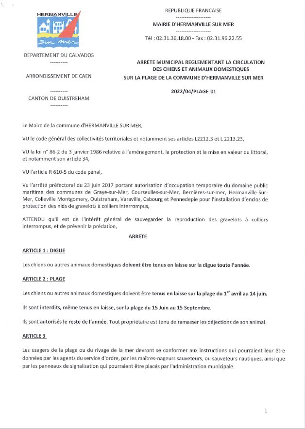 Arrêté municipal réglementant la circulation des chiens et animaux domestiques sur la plage