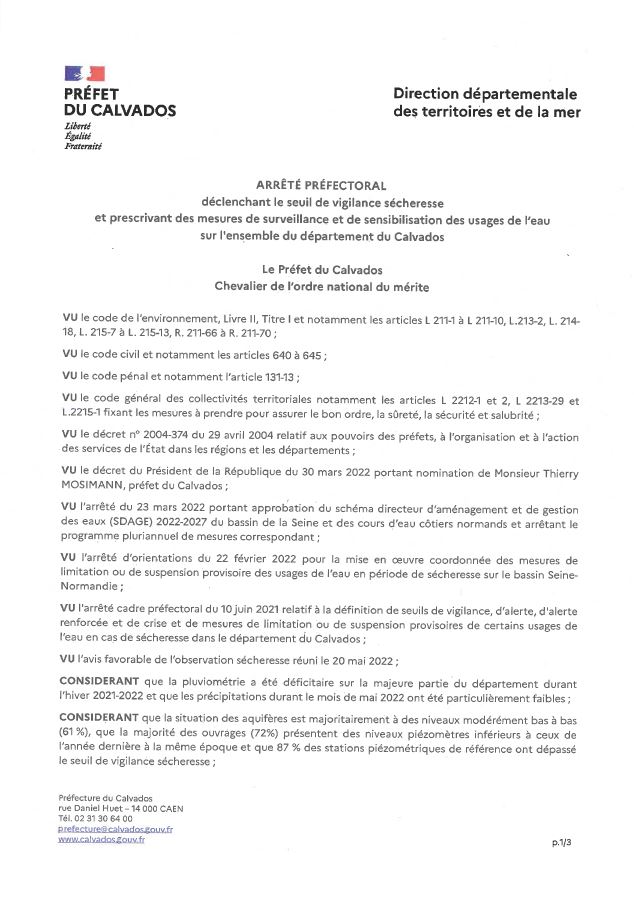 Arrêté préfectoral déclenchant le seuil de vigilence sécheresse et prescrivant des mesures de surveillance et de sensibilisation des usages de l'eau sur l'ensemble du département du Calvados